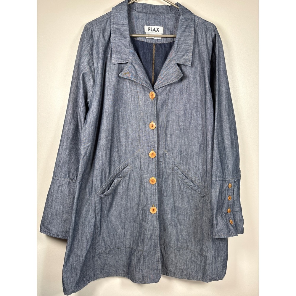 FLAX Womens Blue 100% Cotton Button Down Long Jacket Duster Coat Lagenlook Large